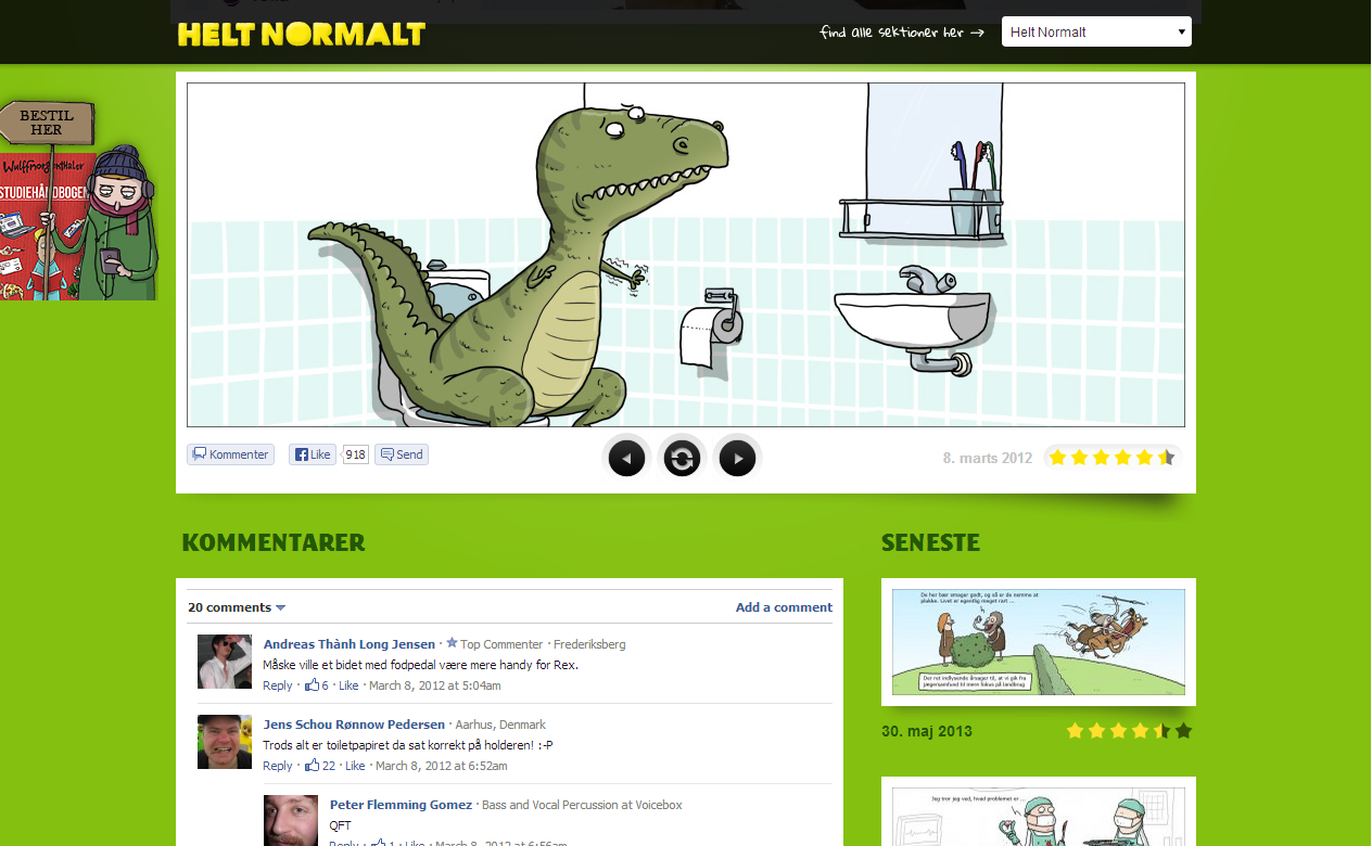 The Helt Normalt front page in 2012: a Wulffmorgenthaler strip of a T. rex on a toilet, arms too short for the toilet paper, dated 8 March 2012, with star ratings, Facebook comments, and a column of recent strips on a bright green layout